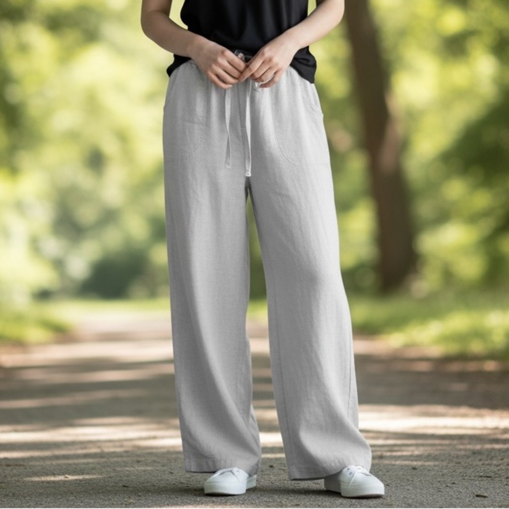 Coldwater Creek Linen Natural Fit Straight Fit Trouser Casual Pants 4 S Beige